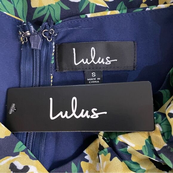 Lulus Floral Inclusive Floral Print Puff Sleeve Mini Dress Small Navy Yellow NEW - Picture 13 of 13